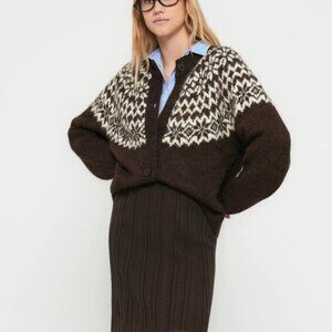 NWT Fuzzy Fair Isle Cardigan Sweater in Brown